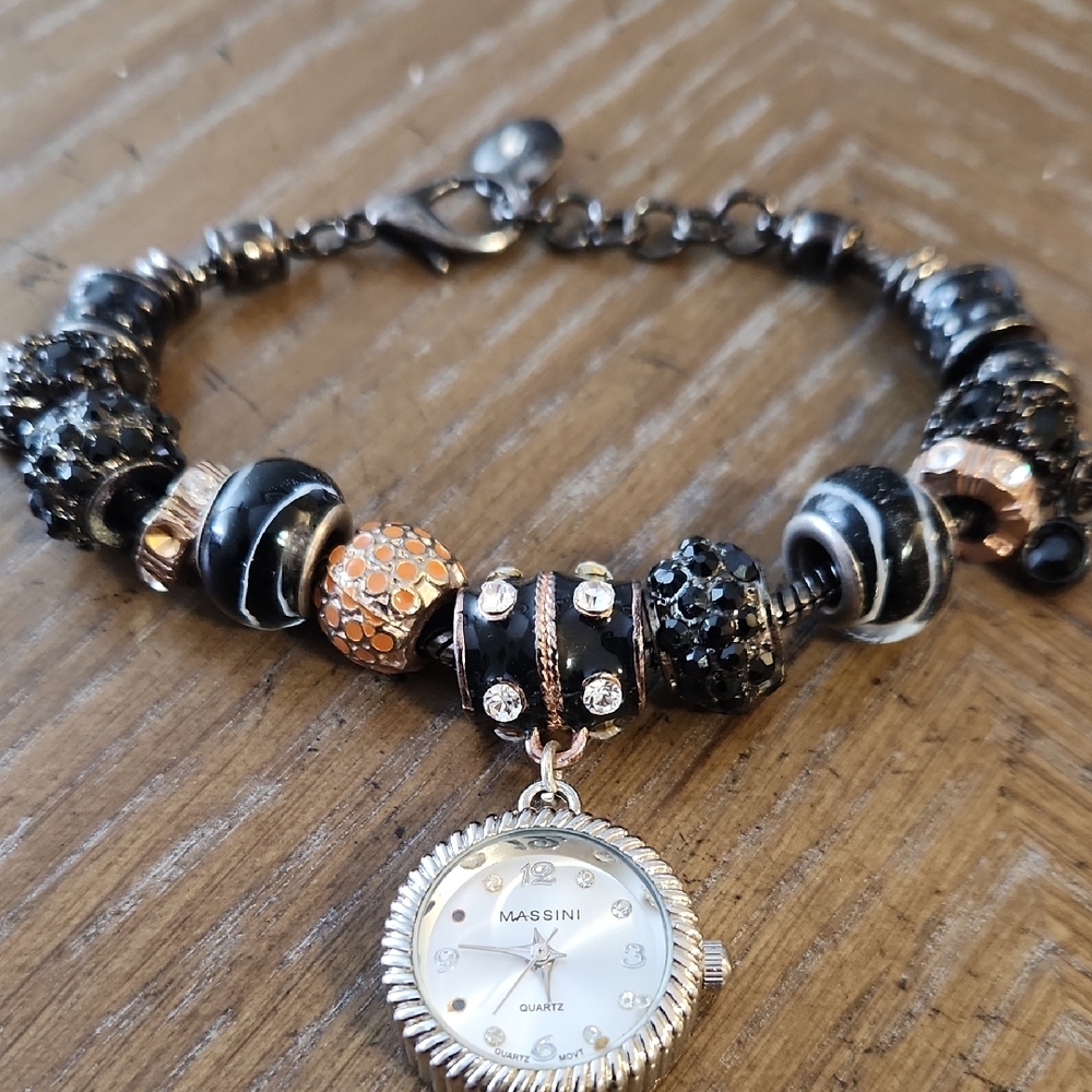 Massini Black and Gold Tone Beaded Charm Bracelet